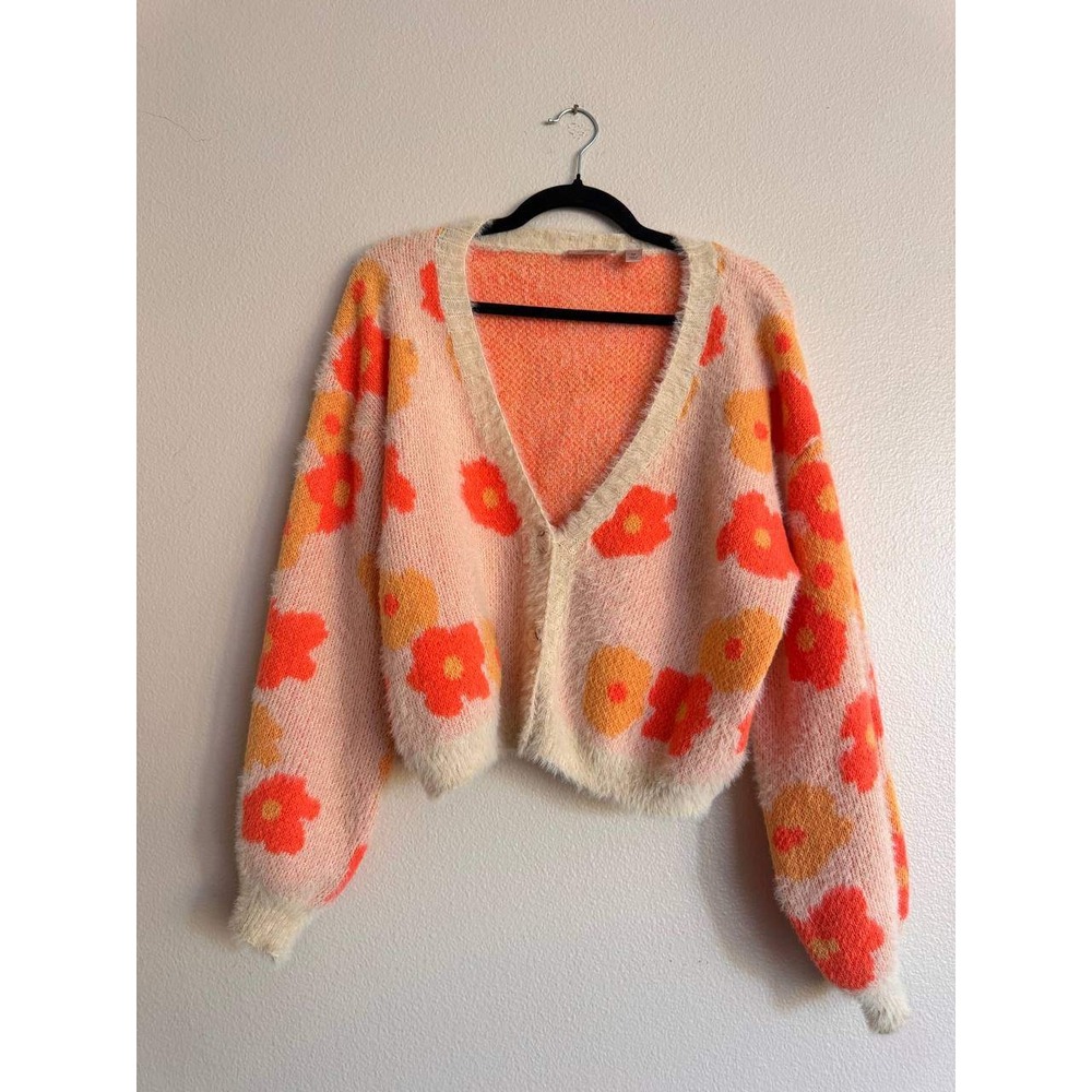 Willow Root Fuzzy Daisy Y2K Crop Cardigan M Pink Coquette Girl Cottagecore Retro